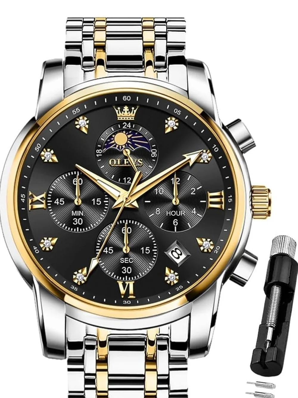 Two-Tone Gold & Silver Men’s Chronograph Watch with Black Dial